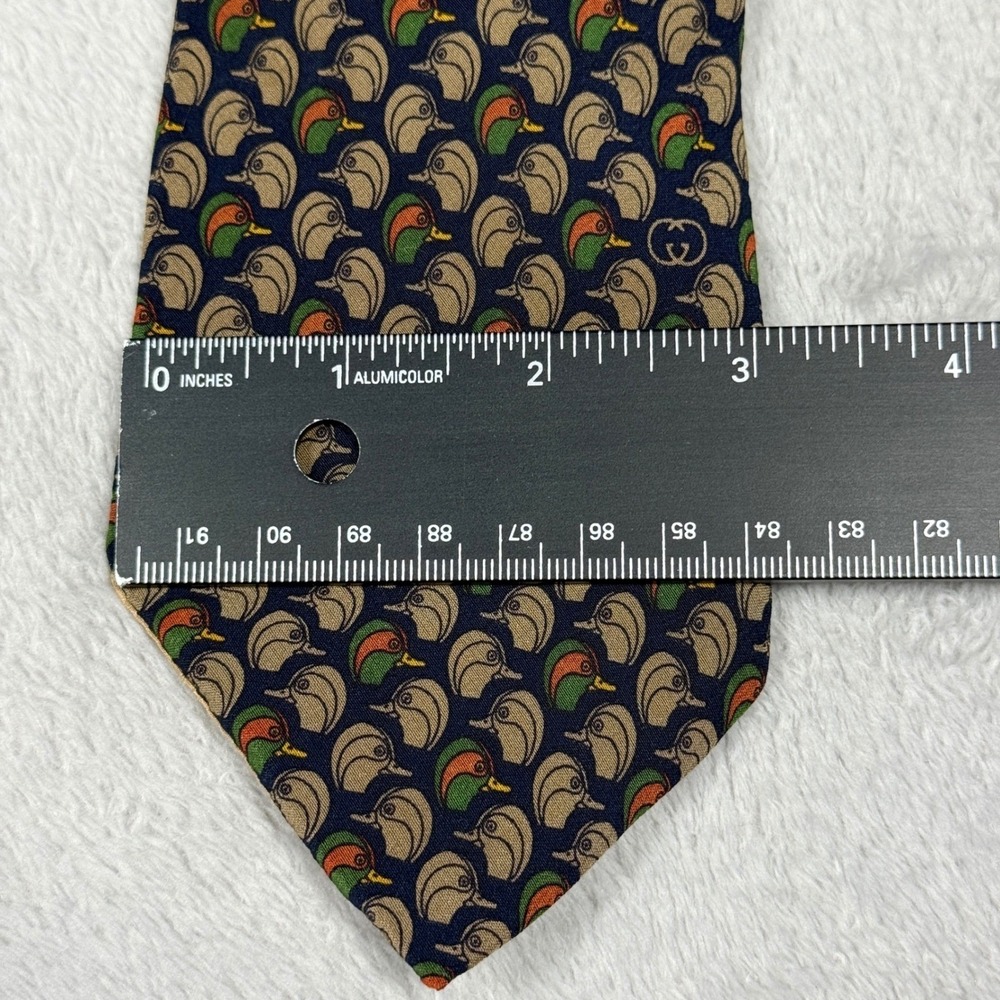 Vintage Gucci Silk Tie Mens Navy Blue Mallard Duck Head Interlocking G Italy - Picture 5 of 6